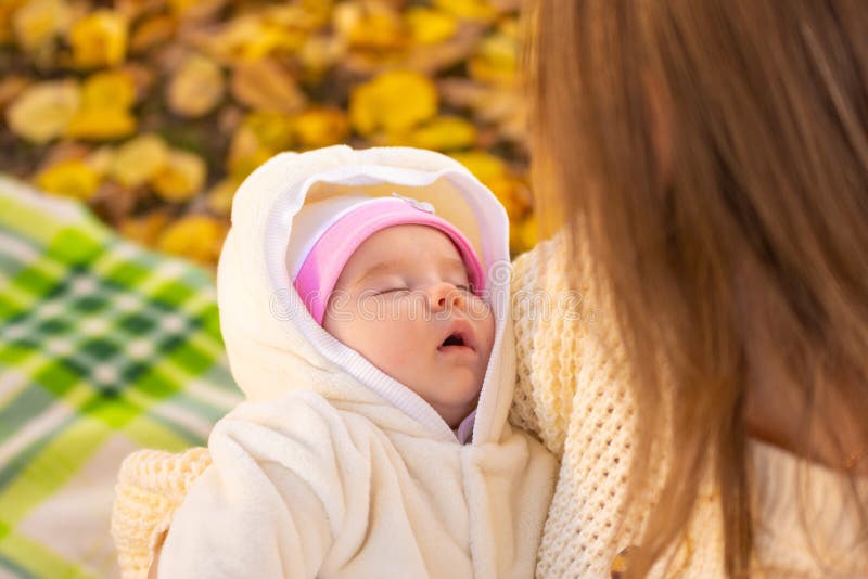 Twomonthold Baby Sleeps in Mom`s Arms Stock Photo Image of