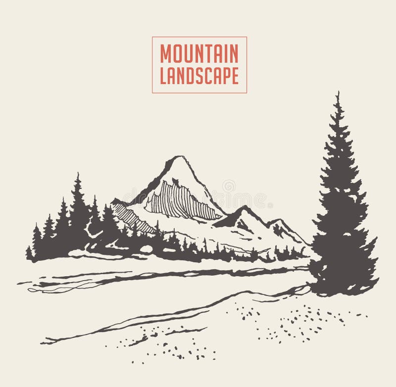 Beautiful landscape with two mountains, spruce forest and river. Hand drawn vector illustration, sketch. Logo spruce vectors
