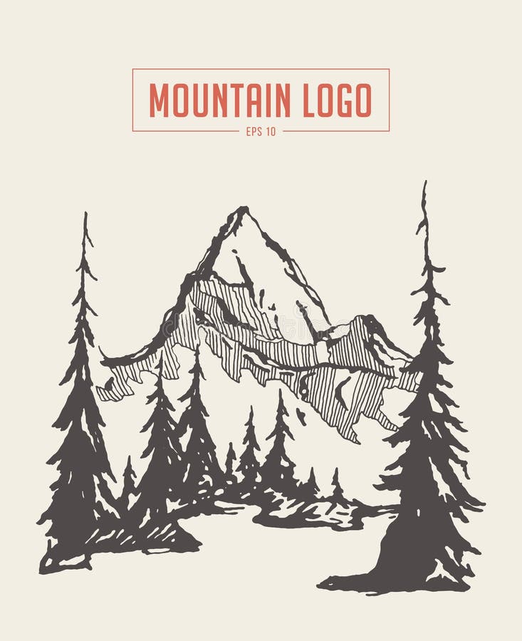 Beautiful landscape with two mountains, spruce forest and river. Hand drawn vector illustration, sketch. Logo spruce vectors