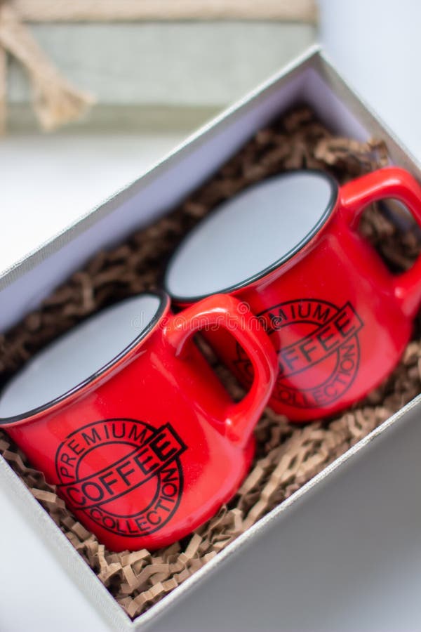 Two Mugs in a Gift Box. Coffee Buddies Stock Photo Image of copy