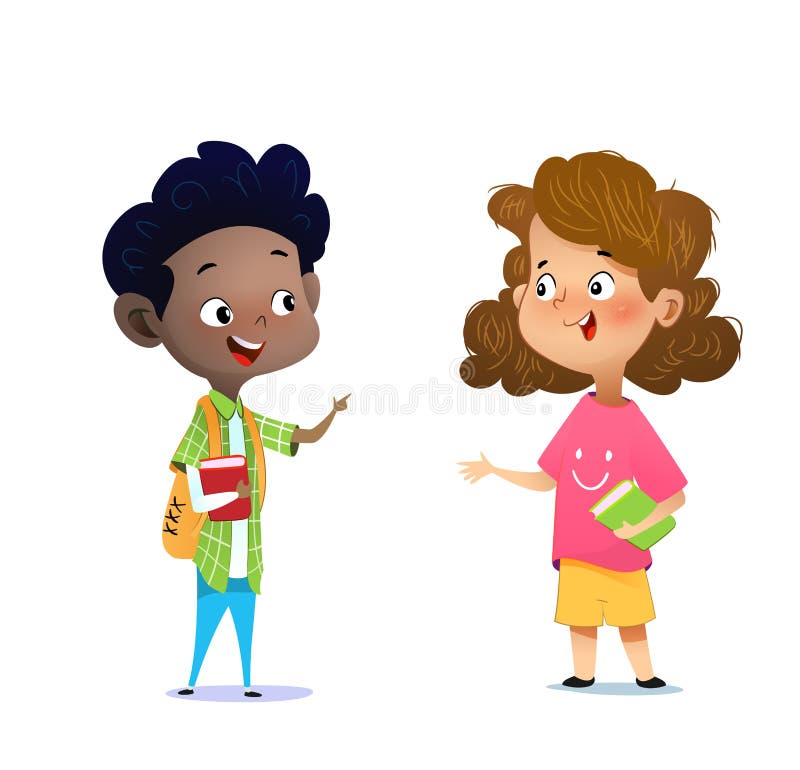 Two Multiracial Children Studying, Reading Books and Discuss Stock
