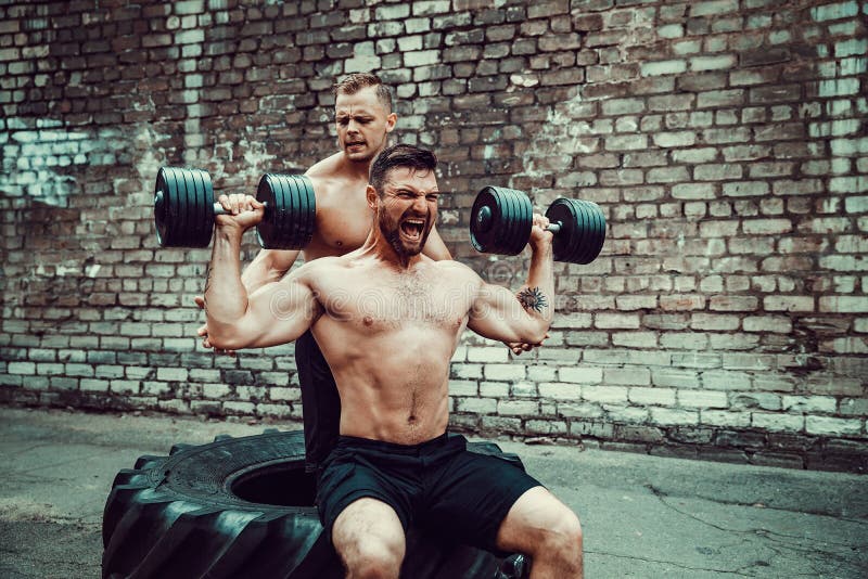 Two Muscular Athletes Training Stock Image - Image of deadlift ...