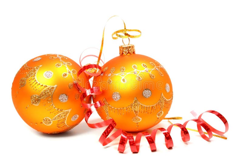 Two New Year s spheres of orange color and red tinsel