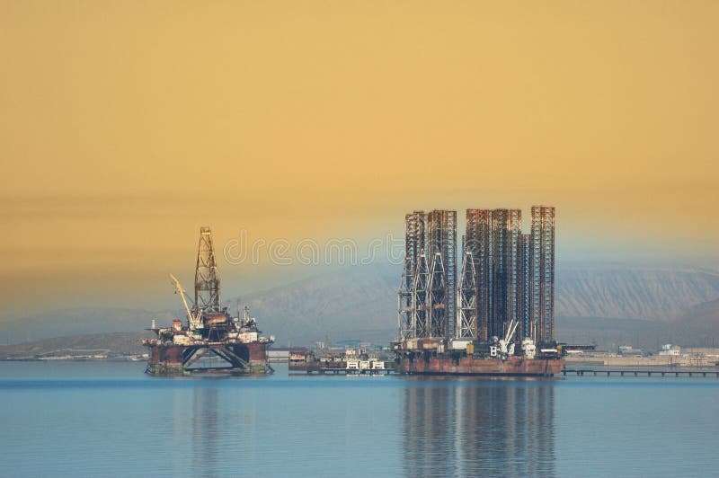 Two offshore rigs at Caspian shore near Baku. Two offshore rigs at Caspian shore near Baku