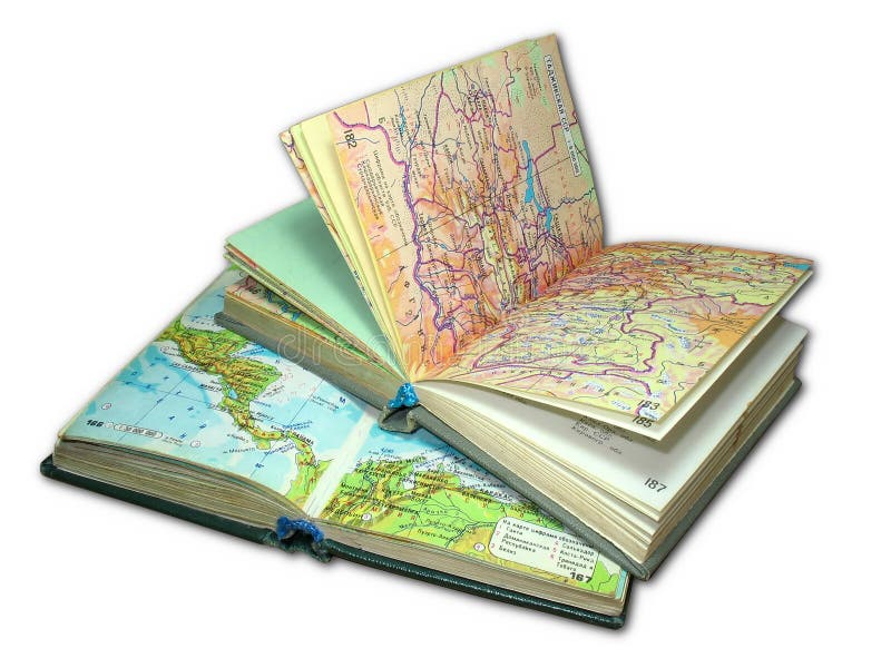 Two old map atlas books isolated over white background. Atlas book stock images, royalty-free photos and pictures