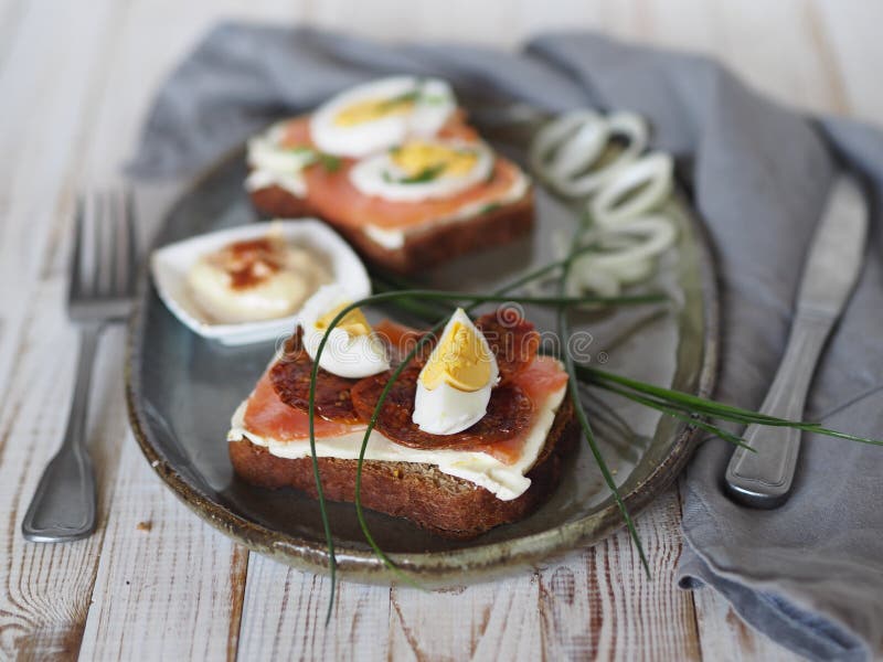 Two Open Sandwiches with Dark Rye Bread with Cheese, Salmon Fish and ...