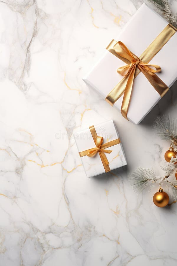 Two ornate gift boxes with gold bows on a polished marble surface perfect for luxurious present or decoration royalty-vrije stock foto