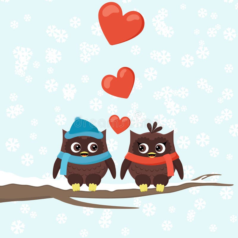 Two owls on tree branches with hearts