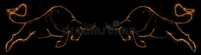 Two Oxes symbol of new 2021 year created with sparklines. Bulls made with glowing lines and sparks. 2021 Happy New Year Ox made