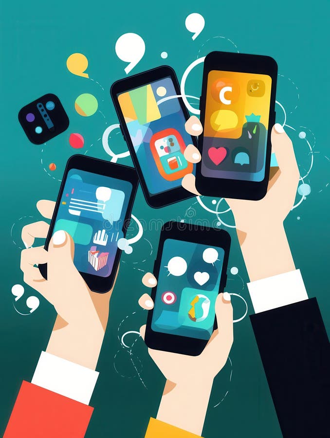Two pairs of hands interact with smartphones showing lively social media applications in a vibrant and engaging royalty free stock photos