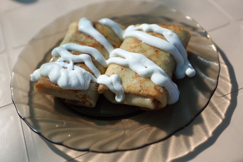 Two Pancakes with Sour Cream Stock Photo Image of flapjack, dairy