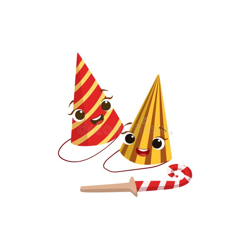 Two Paper Party Hats and Horn Kids Birthday Party Happy Smiling