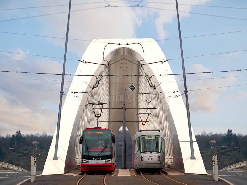 Two trams on Holesovice bridge - Prague