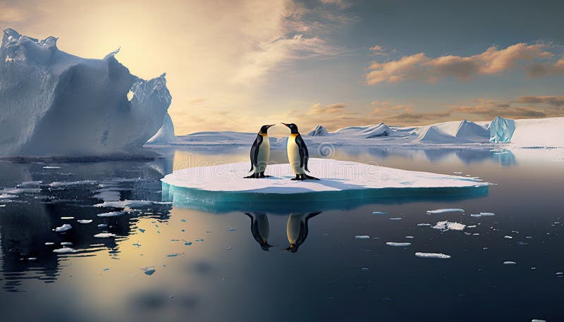 Two Penguins Stand on Melting Ice in Arctic Ocean Global Warming ...