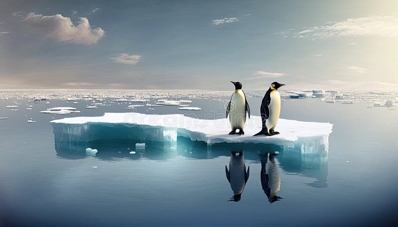 Two Penguins Stand on Melting Ice in Arctic Ocean Global Warming ...