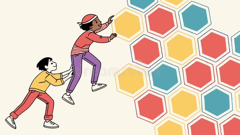 Two people climbing on abstract colorful hexagonal blocks, vector design Generative AI stock illustration