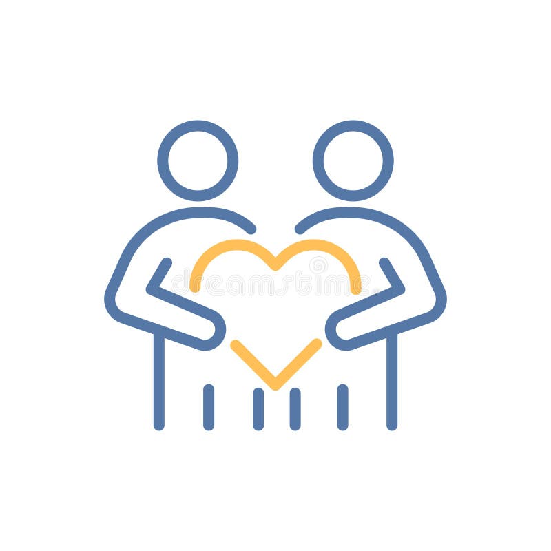 Two people holding heart icon. Love, compassion, unity, partnership. Vector thin line illustration. Editable stroke vector illustration