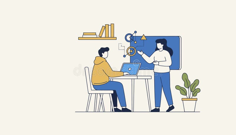 Two people learning and collaborating during presentation vector illustration