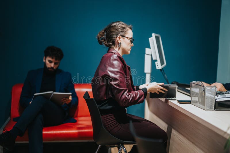 Two people in an office setting, showing concentration, collaboration, and a focused work atmosphere. Reading efficiency stock images, royalty-free photos and pictures