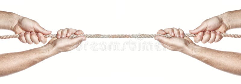 Two people are pulling a rope competing hands.