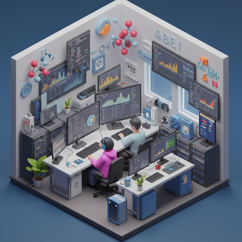 Two people are seated at desks in a high-tech room filled with multiple computer royalty free illustration