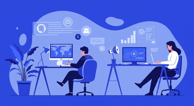 Two people sit at desks in a digital workspace setting. The first is a man looking at a stock illustration