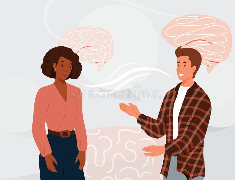 Two people talking vector background. Young man explain afro american woman something. Illustration of the process of