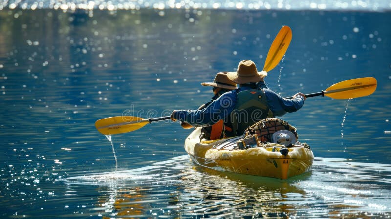 Two person kayak adventure on a serene lake with loaded gear, paddlers embark on a journey vector illustration