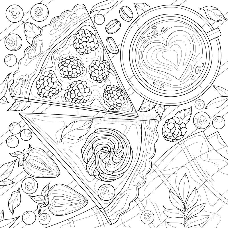 Two pieces of cake and a cup of coffee top view.Coloring book antistress for children and adults.