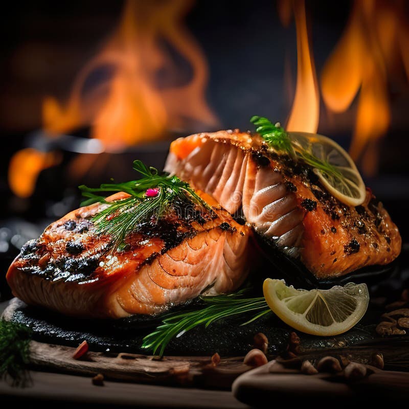 Two Pieces of Salmon on a Grill with a Slice of Lemon. AI Generative ...