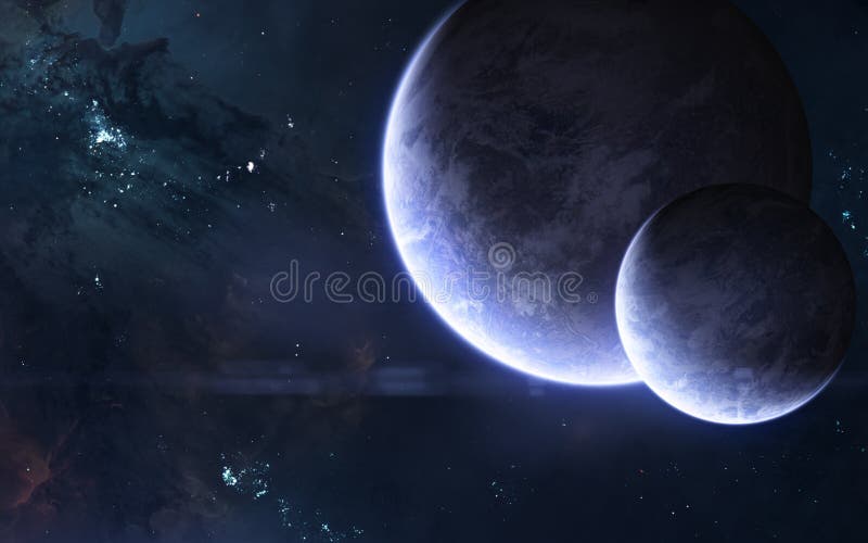 Two planets in blue light in deep space. Science fiction