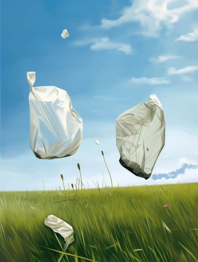 Two Plastic Bags Torn and Blown Away by the Wind in a Field. Stock