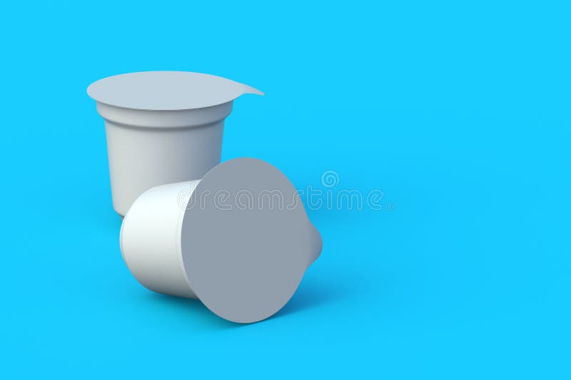 Two plastic containers for yoghurt, dessert or cheese on orange background. Packaging for dairy products. Blank disposable jars for ice cream. Copy space. 3d render