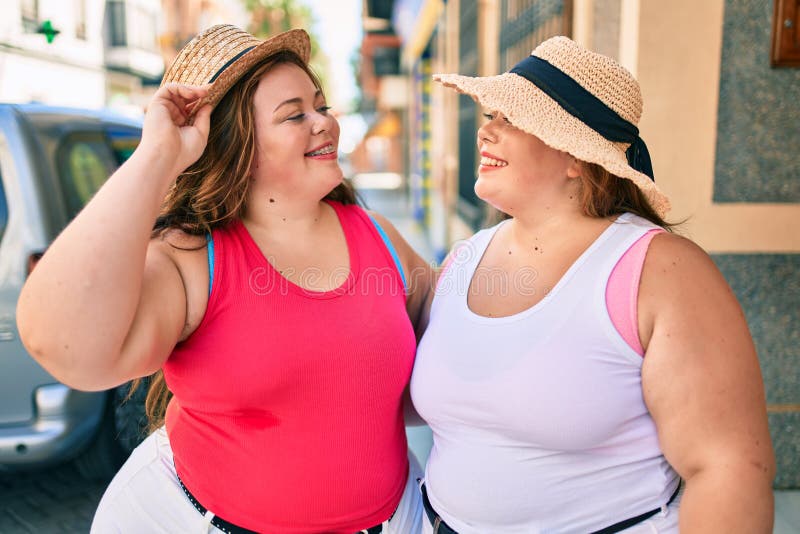 Two Plus Size Overweight Sisters Twins Women Hugging Together Outdoors Stock Image Image Of