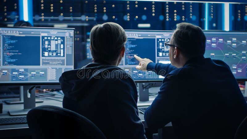 Two Professional IT Programers Discussing Blockchain Data Network Architecture Design and Developm stock photo