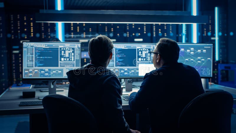Two Professional IT Programers Discussing Blockchain Data Network Architecture Design and Developm stock image