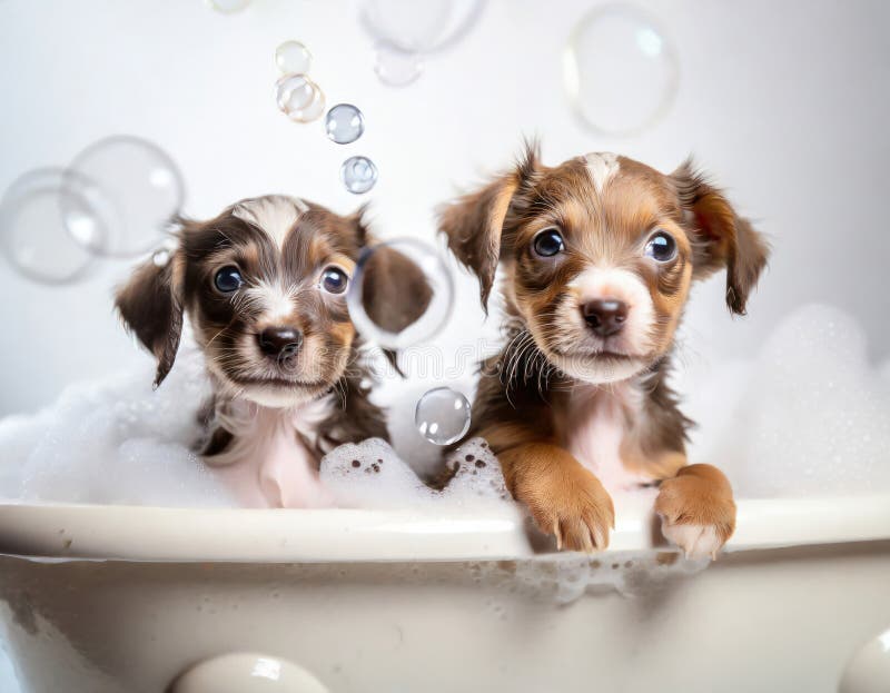 Two Puppies in the Bubble Bath Together Stock Illustration