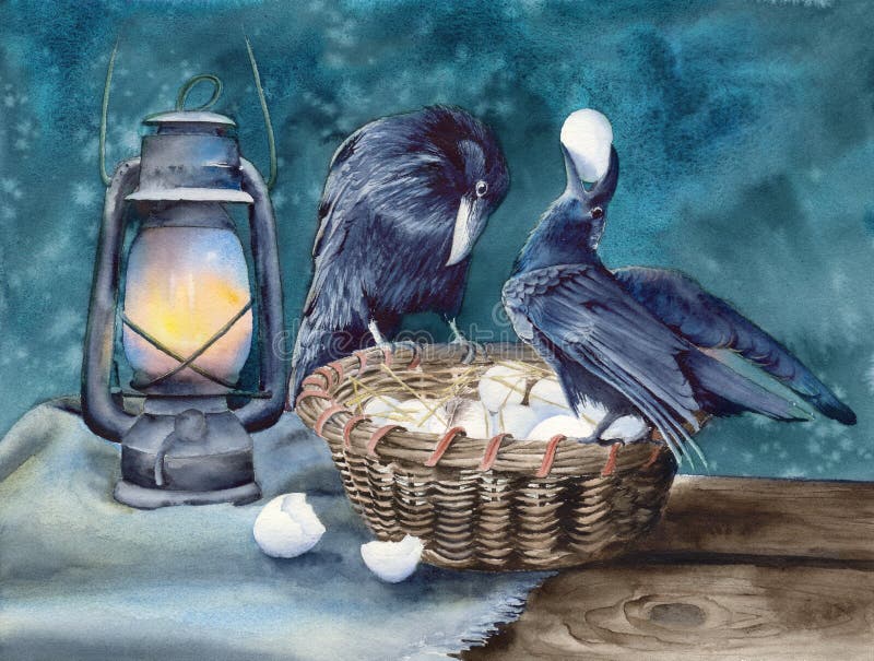 Two ravens feasting on a basket with chicken eggs