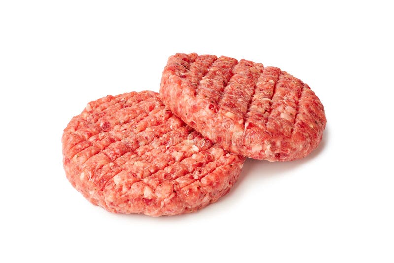 Two Raw Burger Patties On White Foto de Stock Imagem de pressionado