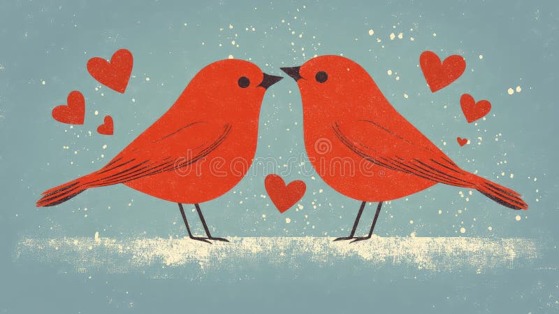 Two Red Birds Facing Each Other with Surrounding Hearts. AI generated