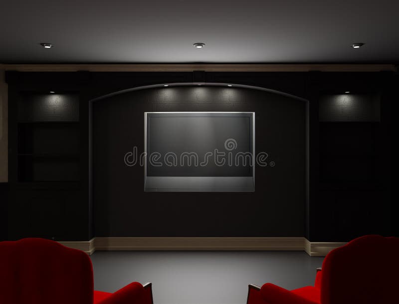 Two red chairs with LCD tv on the wall