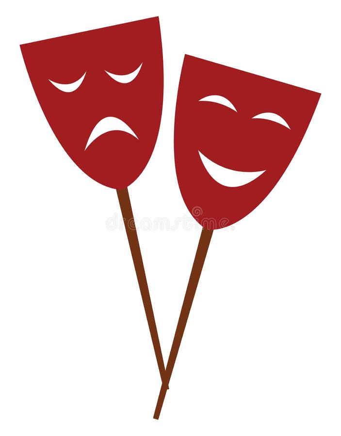 two red colored carnival party eye masks attached to stick happy sad expressions vector color drawing illustration 160153175