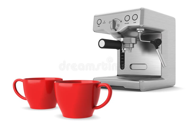 Two red cups and coffee machine isolated on white vector illustration