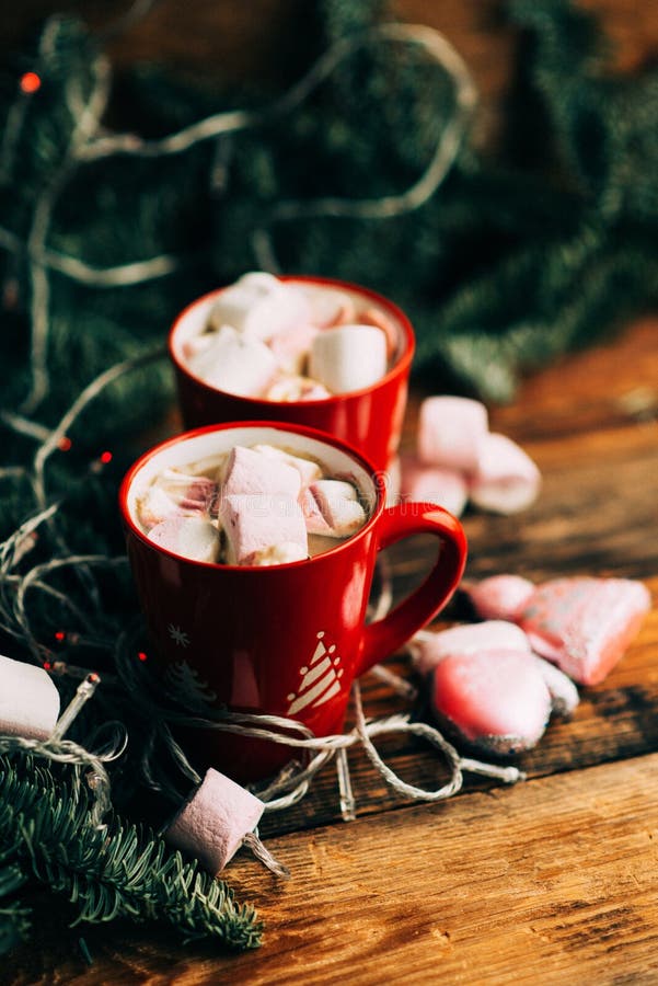 Christmas Hot Chocolate with Marshmallows in Red Mugs, Square Stock ...