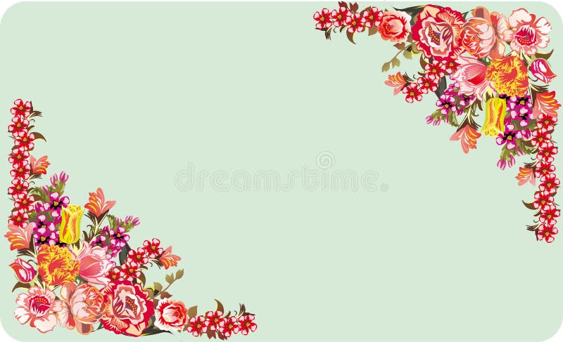 Two red floral corners on blue background