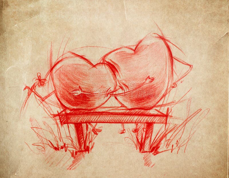 Two Red Hearts sitting, sketch drawing