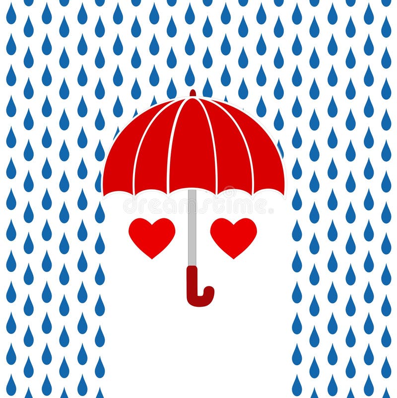 Two red hearts under red umbrella on rain, Valetine`s Day greeti