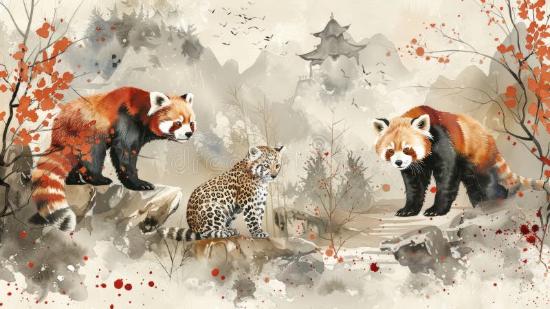 Two red pandas are staring at a snow leopard in the middle. The snow leopard looks scared vector illustration