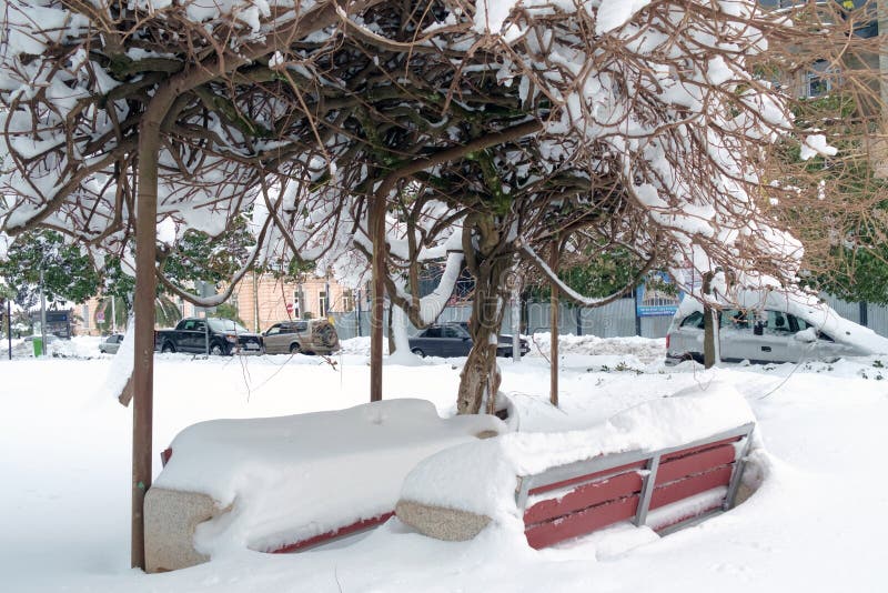 Two red snow covered benches royalty free stock photography