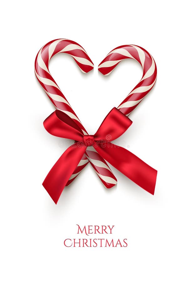 Two red striped candy cane in heart shape with red bow and Merry Christmas text isolated on white background. Vector